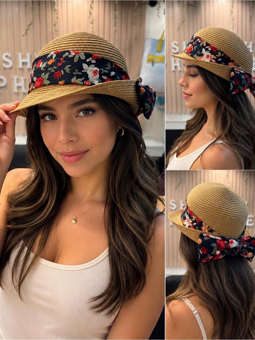 STRAW CLOCHE HAT WITH TIE-BACK FLOWER PRINT SASH